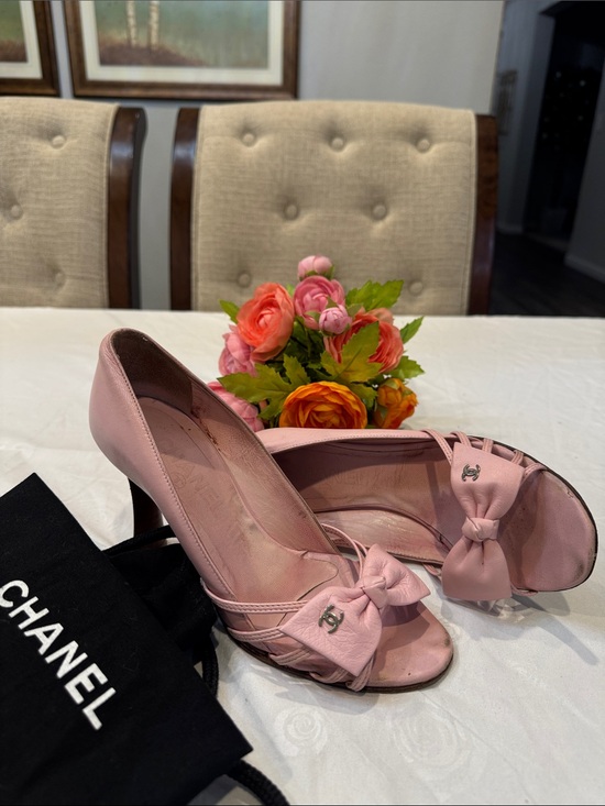 CHANEL Shoes - Authentic CHANEL Pink Bow Peep-Toe Heels
